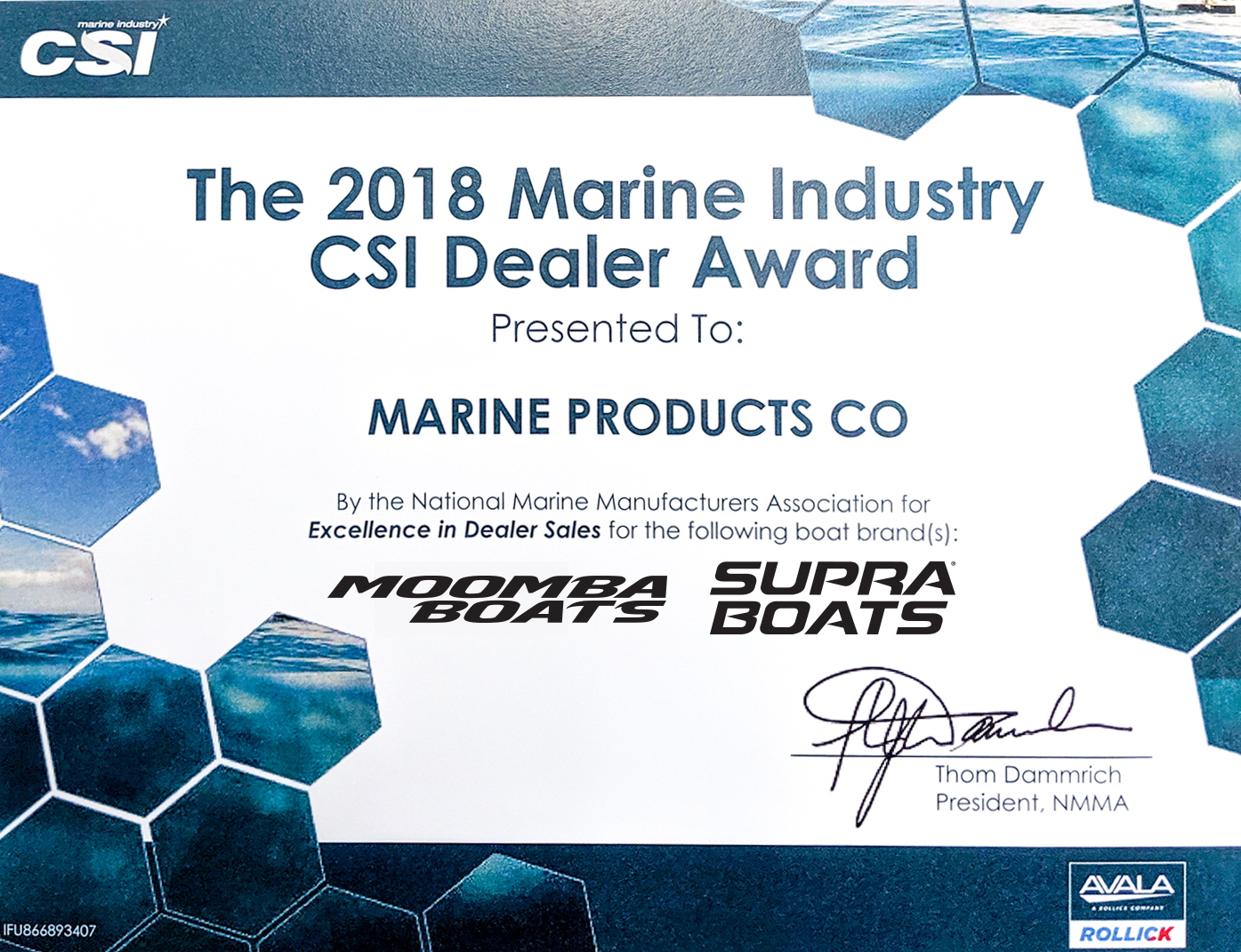 Marine Products Receives The 2018 CSI Dealer Award For Sales and Service
