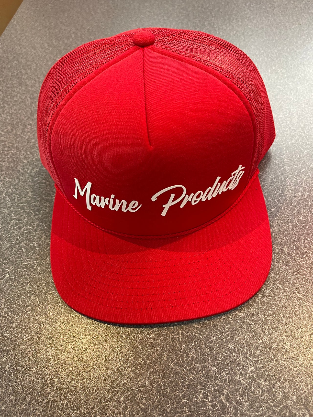 Marine Products Red Trucker Hat w/ Cursive MP