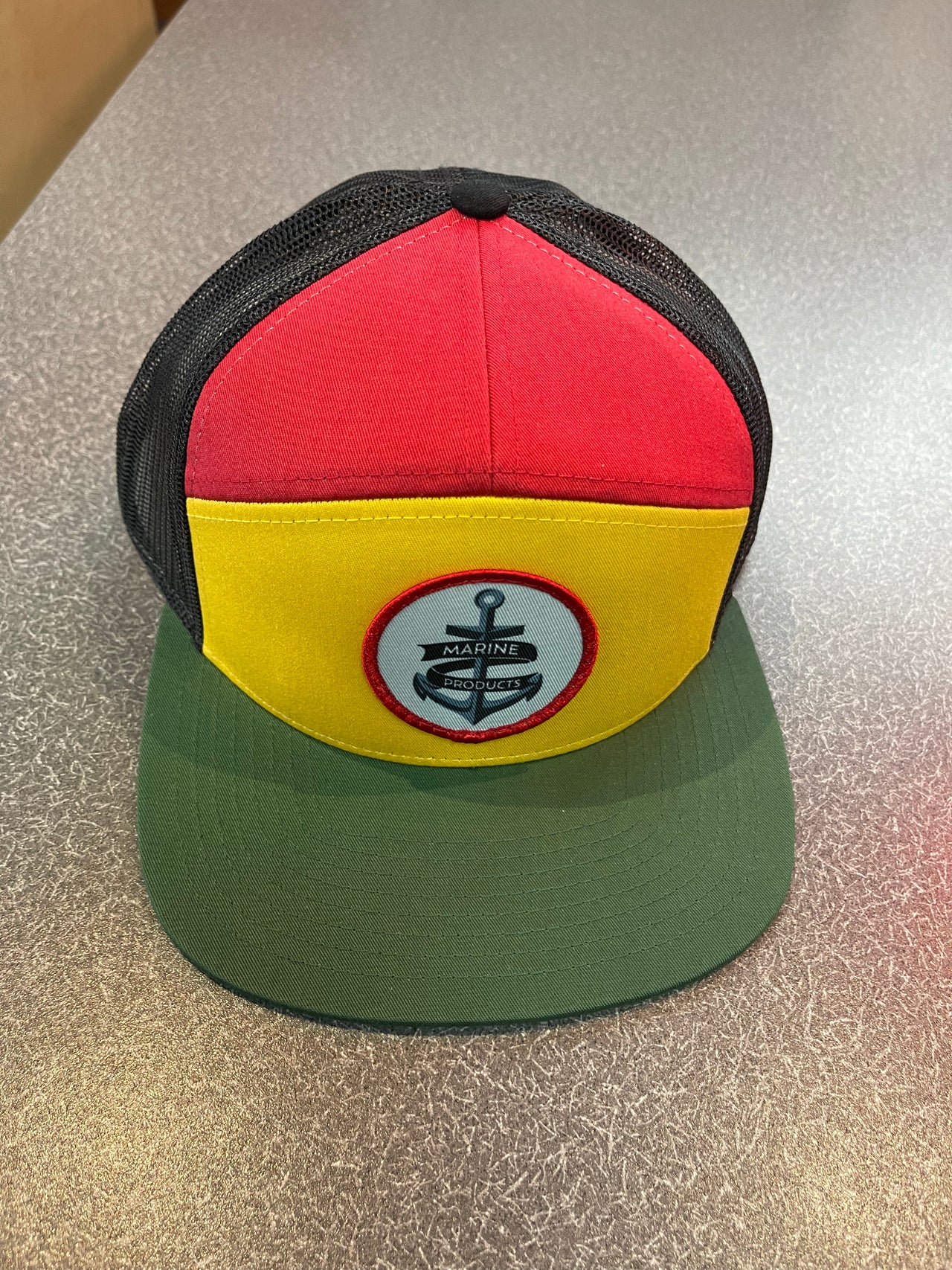 Marine Products Yellow/Red/Black Green 3 Panel Hat w/ Anchor Patch