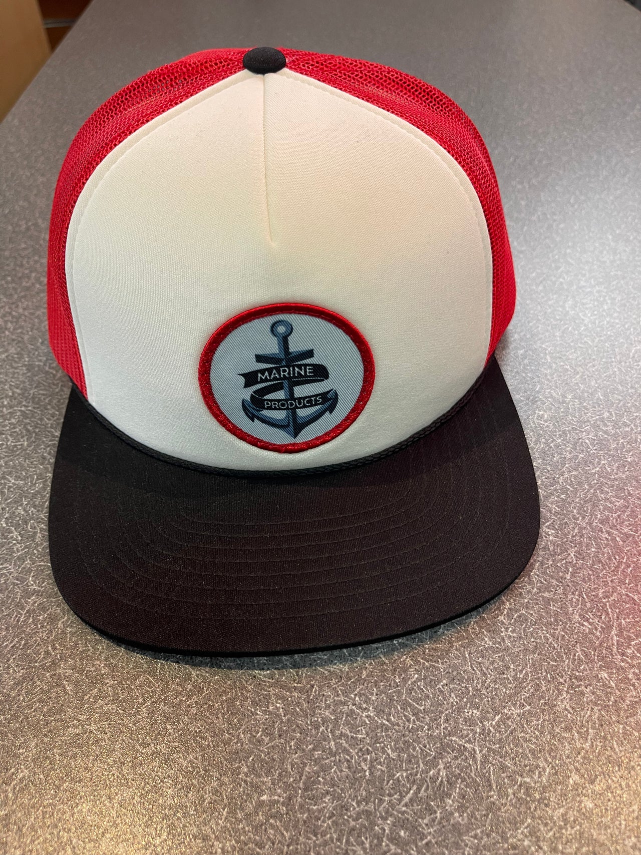 Marine Products White/Red/Black Trucker Hat w/ Anchor Patch