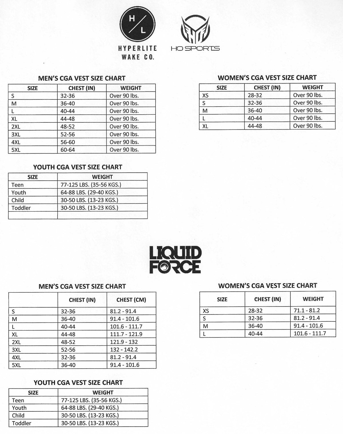 Pro Shop Part Check VEST SIZE CHART